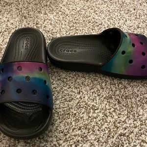 Crocs sandals, black and rainbow/multi-colored, Womens size 7